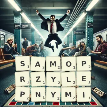 Kreatywna ilustracja do gry w Scrabble ze słowem SAMOPRZYLEPNYMI ułożonym z płytek na planszy.