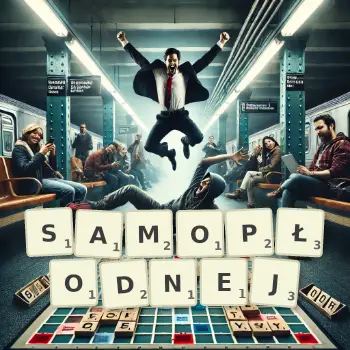 Kreatywna ilustracja do gry w Scrabble ze słowem SAMOPŁODNEJ ułożonym z płytek na planszy.