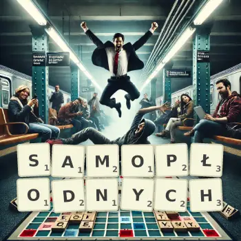 Kreatywna ilustracja do gry w Scrabble ze słowem SAMOPŁODNYCH ułożonym z płytek na planszy.