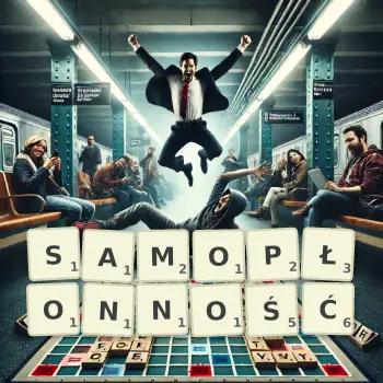 Kreatywna ilustracja do gry w Scrabble ze słowem SAMOPŁONNOŚĆ ułożonym z płytek na planszy.