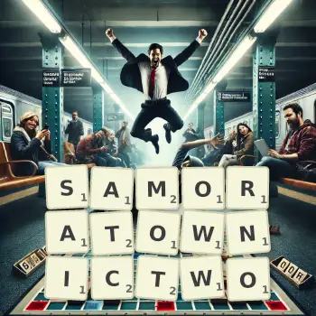 Kreatywna ilustracja do gry w Scrabble ze słowem SAMORATOWNICTWO ułożonym z płytek na planszy.