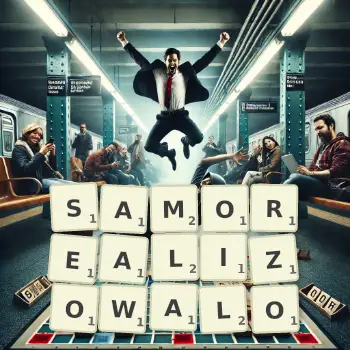 Kreatywna ilustracja do gry w Scrabble ze słowem SAMOREALIZOWALO ułożonym z płytek na planszy.