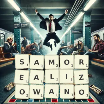 Kreatywna ilustracja do gry w Scrabble ze słowem SAMOREALIZOWANO ułożonym z płytek na planszy.