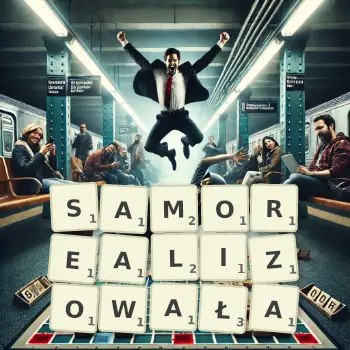 Kreatywna ilustracja do gry w Scrabble ze słowem SAMOREALIZOWAŁA ułożonym z płytek na planszy.