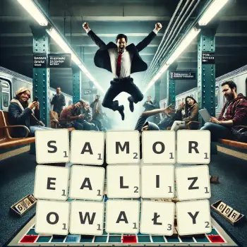 Kreatywna ilustracja do gry w Scrabble ze słowem SAMOREALIZOWAŁY ułożonym z płytek na planszy.
