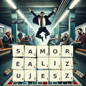 Kreatywna ilustracja do gry w Scrabble ze słowem SAMOREALIZUJESZ ułożonym z płytek na planszy.