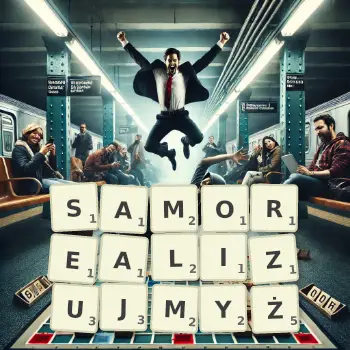 Kreatywna ilustracja do gry w Scrabble ze słowem SAMOREALIZUJMYŻ ułożonym z płytek na planszy.