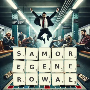 Kreatywna ilustracja do gry w Scrabble ze słowem SAMOREGENEROWAŁ ułożonym z płytek na planszy.