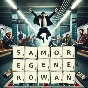 Kreatywna ilustracja do gry w Scrabble ze słowem SAMOREGENEROWAŃ ułożonym z płytek na planszy.