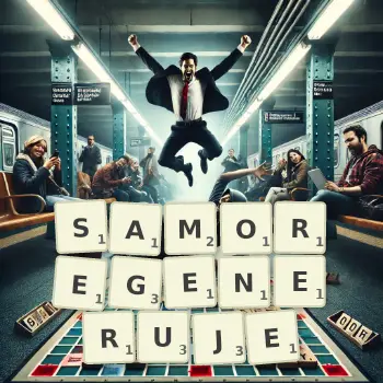 Kreatywna ilustracja do gry w Scrabble ze słowem SAMOREGENERUJE ułożonym z płytek na planszy.