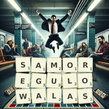 Kreatywna ilustracja do gry w Scrabble ze słowem SAMOREGULOWALAS ułożonym z płytek na planszy.