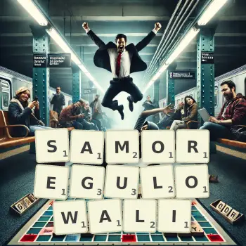 Kreatywna ilustracja do gry w Scrabble ze słowem SAMOREGULOWALI ułożonym z płytek na planszy.