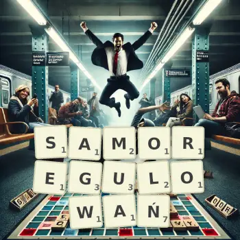 Kreatywna ilustracja do gry w Scrabble ze słowem SAMOREGULOWAŃ ułożonym z płytek na planszy.