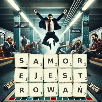 Kreatywna ilustracja do gry w Scrabble ze słowem SAMOREJESTROWAŃ ułożonym z płytek na planszy.