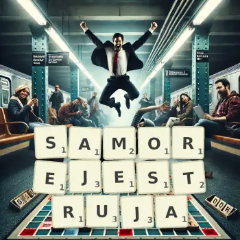 Kreatywna ilustracja do gry w Scrabble ze słowem SAMOREJESTRUJA ułożonym z płytek na planszy.