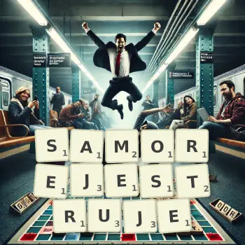 Kreatywna ilustracja do gry w Scrabble ze słowem SAMOREJESTRUJE ułożonym z płytek na planszy.