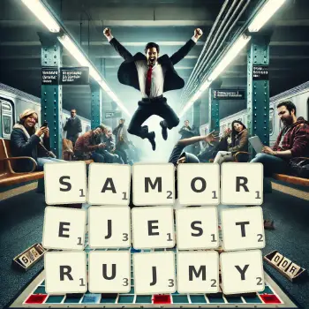 Kreatywna ilustracja do gry w Scrabble ze słowem SAMOREJESTRUJMY ułożonym z płytek na planszy.