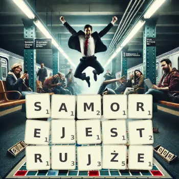 Kreatywna ilustracja do gry w Scrabble ze słowem SAMOREJESTRUJŻE ułożonym z płytek na planszy.