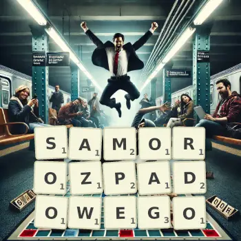 Kreatywna ilustracja do gry w Scrabble ze słowem SAMOROZPADOWEGO ułożonym z płytek na planszy.