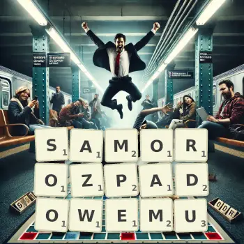 Kreatywna ilustracja do gry w Scrabble ze słowem SAMOROZPADOWEMU ułożonym z płytek na planszy.