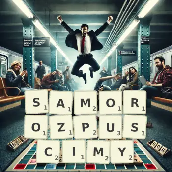 Kreatywna ilustracja do gry w Scrabble ze słowem SAMOROZPUSCIMY ułożonym z płytek na planszy.