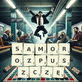 Kreatywna ilustracja do gry w Scrabble ze słowem SAMOROZPUSZCZĘ ułożonym z płytek na planszy.