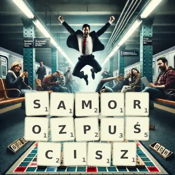 Kreatywna ilustracja do gry w Scrabble ze słowem SAMOROZPUŚCISZ ułożonym z płytek na planszy.