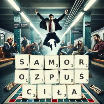 Kreatywna ilustracja do gry w Scrabble ze słowem SAMOROZPUŚCIŁA ułożonym z płytek na planszy.