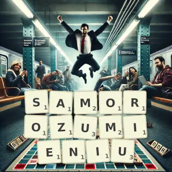 Kreatywna ilustracja do gry w Scrabble ze słowem SAMOROZUMIENIU ułożonym z płytek na planszy.