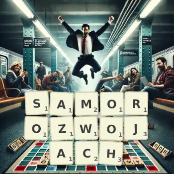 Kreatywna ilustracja do gry w Scrabble ze słowem SAMOROZWOJACH ułożonym z płytek na planszy.