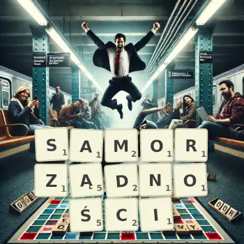 Kreatywna ilustracja do gry w Scrabble ze słowem SAMORZĄDNOŚCI ułożonym z płytek na planszy.