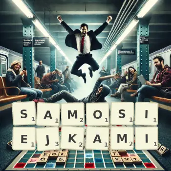 Kreatywna ilustracja do gry w Scrabble ze słowem SAMOSIEJKAMI ułożonym z płytek na planszy.