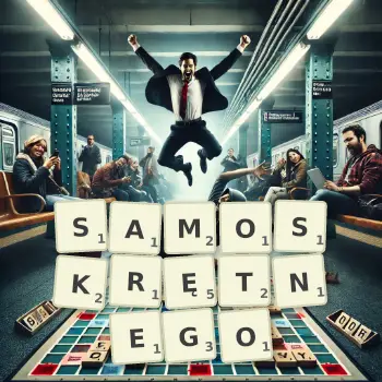 Kreatywna ilustracja do gry w Scrabble ze słowem SAMOSKRĘTNEGO ułożonym z płytek na planszy.