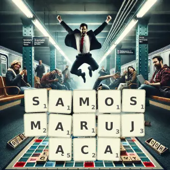 Kreatywna ilustracja do gry w Scrabble ze słowem SAMOSMARUJĄCA ułożonym z płytek na planszy.