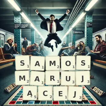 Kreatywna ilustracja do gry w Scrabble ze słowem SAMOSMARUJĄCEJ ułożonym z płytek na planszy.