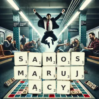 Kreatywna ilustracja do gry w Scrabble ze słowem SAMOSMARUJĄCY ułożonym z płytek na planszy.