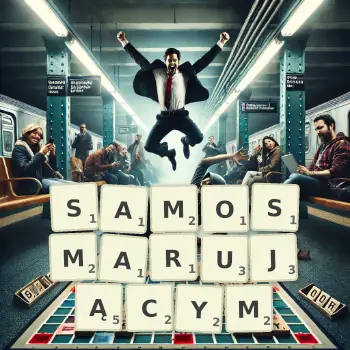 Kreatywna ilustracja do gry w Scrabble ze słowem SAMOSMARUJĄCYM ułożonym z płytek na planszy.