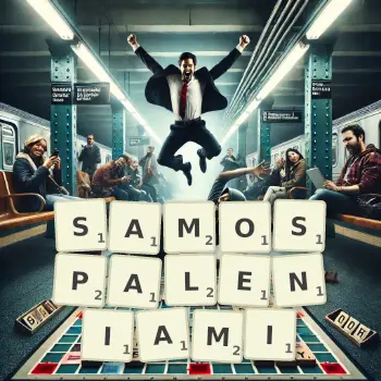 Kreatywna ilustracja do gry w Scrabble ze słowem SAMOSPALENIAMI ułożonym z płytek na planszy.