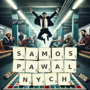 Kreatywna ilustracja do gry w Scrabble ze słowem SAMOSPAWALNYCH ułożonym z płytek na planszy.