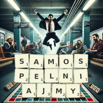 Kreatywna ilustracja do gry w Scrabble ze słowem SAMOSPELNIAJMY ułożonym z płytek na planszy.