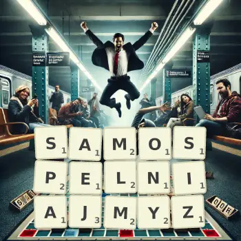 Kreatywna ilustracja do gry w Scrabble ze słowem SAMOSPELNIAJMYZ ułożonym z płytek na planszy.