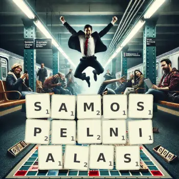 Kreatywna ilustracja do gry w Scrabble ze słowem SAMOSPELNIALAS ułożonym z płytek na planszy.