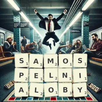 Kreatywna ilustracja do gry w Scrabble ze słowem SAMOSPELNIALOBY ułożonym z płytek na planszy.