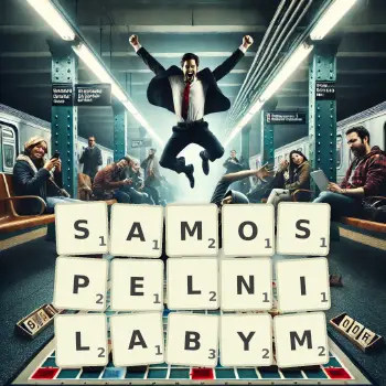 Kreatywna ilustracja do gry w Scrabble ze słowem SAMOSPELNILABYM ułożonym z płytek na planszy.