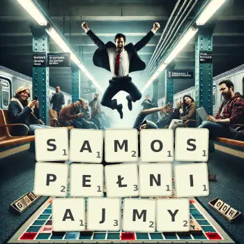 Kreatywna ilustracja do gry w Scrabble ze słowem SAMOSPEŁNIAJMY ułożonym z płytek na planszy.