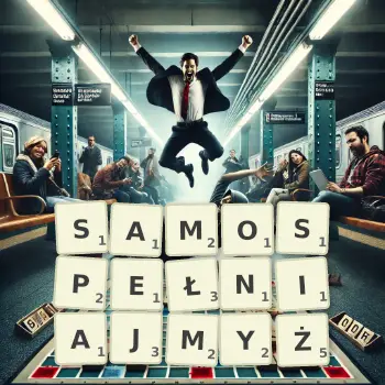 Kreatywna ilustracja do gry w Scrabble ze słowem SAMOSPEŁNIAJMYŻ ułożonym z płytek na planszy.