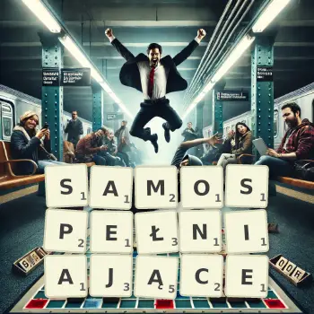 Kreatywna ilustracja do gry w Scrabble ze słowem SAMOSPEŁNIAJĄCE ułożonym z płytek na planszy.