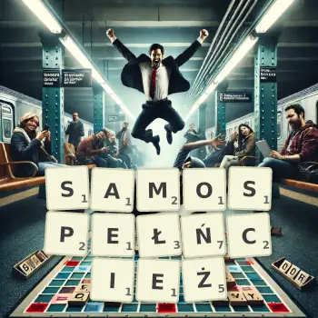 Kreatywna ilustracja do gry w Scrabble ze słowem SAMOSPEŁŃCIEŻ ułożonym z płytek na planszy.