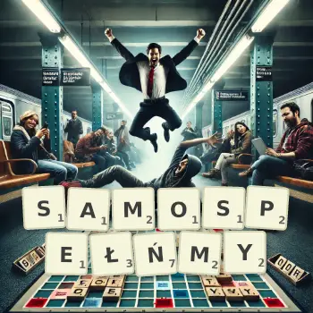 Kreatywna ilustracja do gry w Scrabble ze słowem SAMOSPEŁŃMY ułożonym z płytek na planszy.