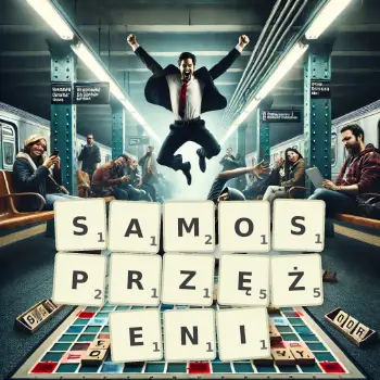 Kreatywna ilustracja do gry w Scrabble ze słowem SAMOSPRZĘŻENI ułożonym z płytek na planszy.